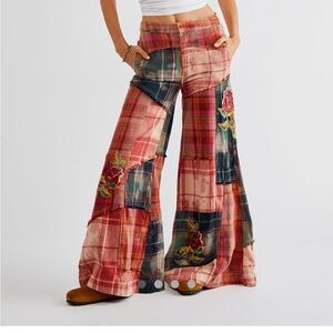 Patchwork Plaid Free People Wide-Leg Pants